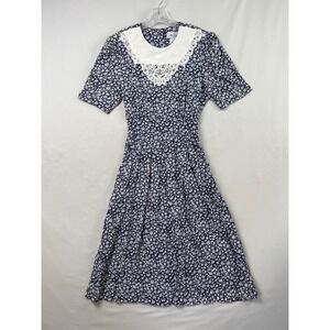 Vintage 80s Miss Dorby Floral Midi Dress Womens 8P Petite Navy Blue Lace Collar